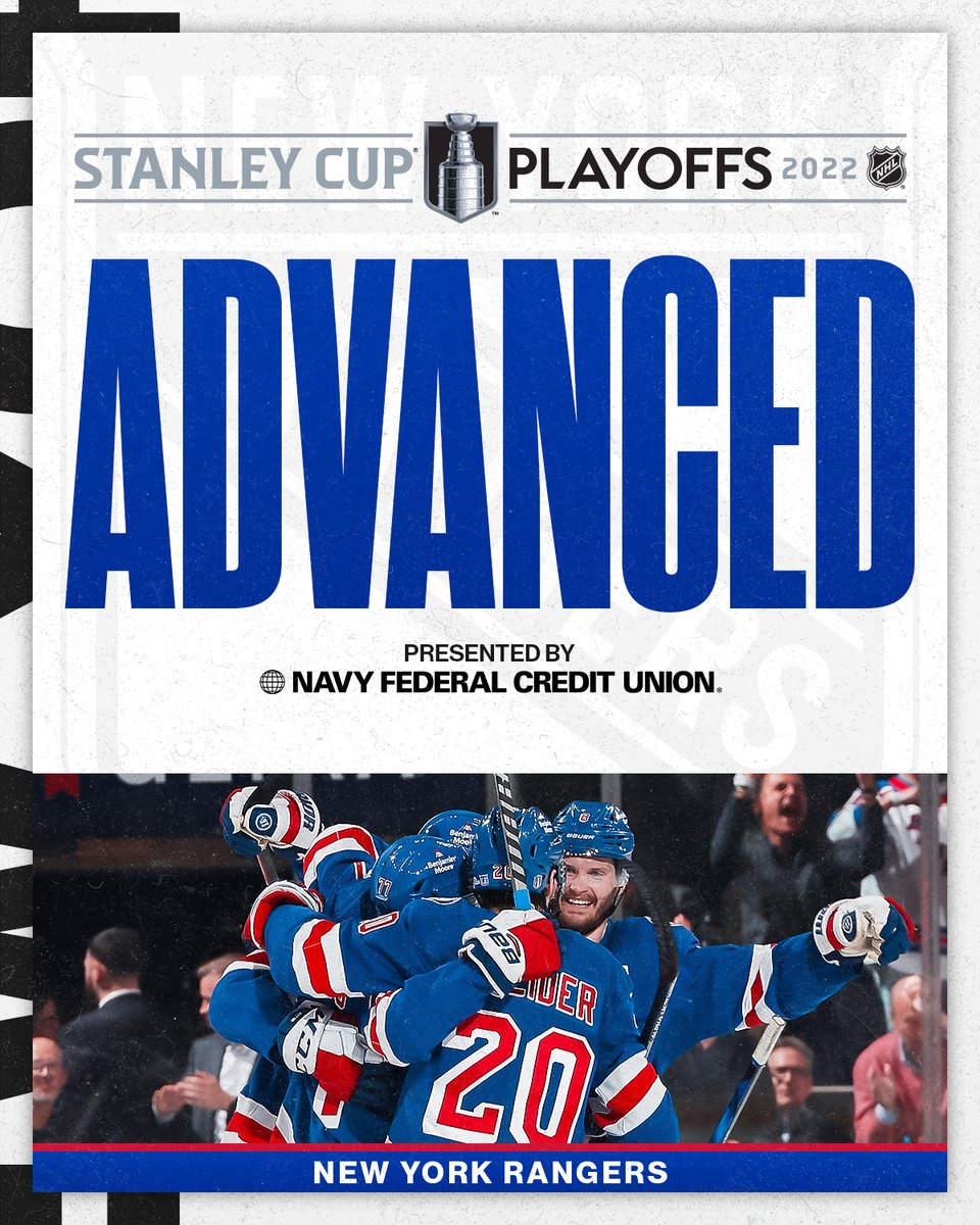 NHL's tweet image. THE RANGERS ADVANCE 🔵🔴 

The @NYRangers are moving on to the Second Round after a huge #Game7 victory!

#StanleyCup Series win presented by @NavyFederal