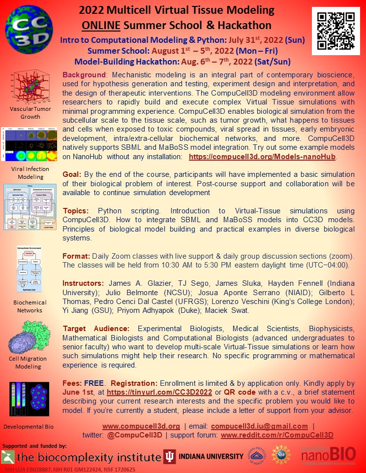 compucell3d's tweet photo. Reminder announcement about the 17th Annual Multicell Virtual-Tissue Modeling Online Summer School and Hackathon! Join us virtually at Indiana University, Bloomington, July 31st–August 7th, 2022. All backgrounds and experience levels welcome! Register at: https://t.co/NEkw5p12BF https://t.co/S1Eu2vBcQY