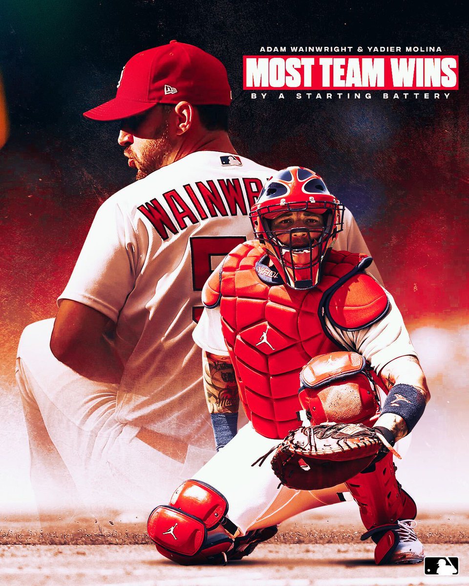 MLB's tweet photo. These Cards are all the way in.

With 2⃣0⃣3⃣ victories, Waino &amp; Yadi have the most wins as a starting battery in MLB history. https://t.co/UzVVpHgaE1
