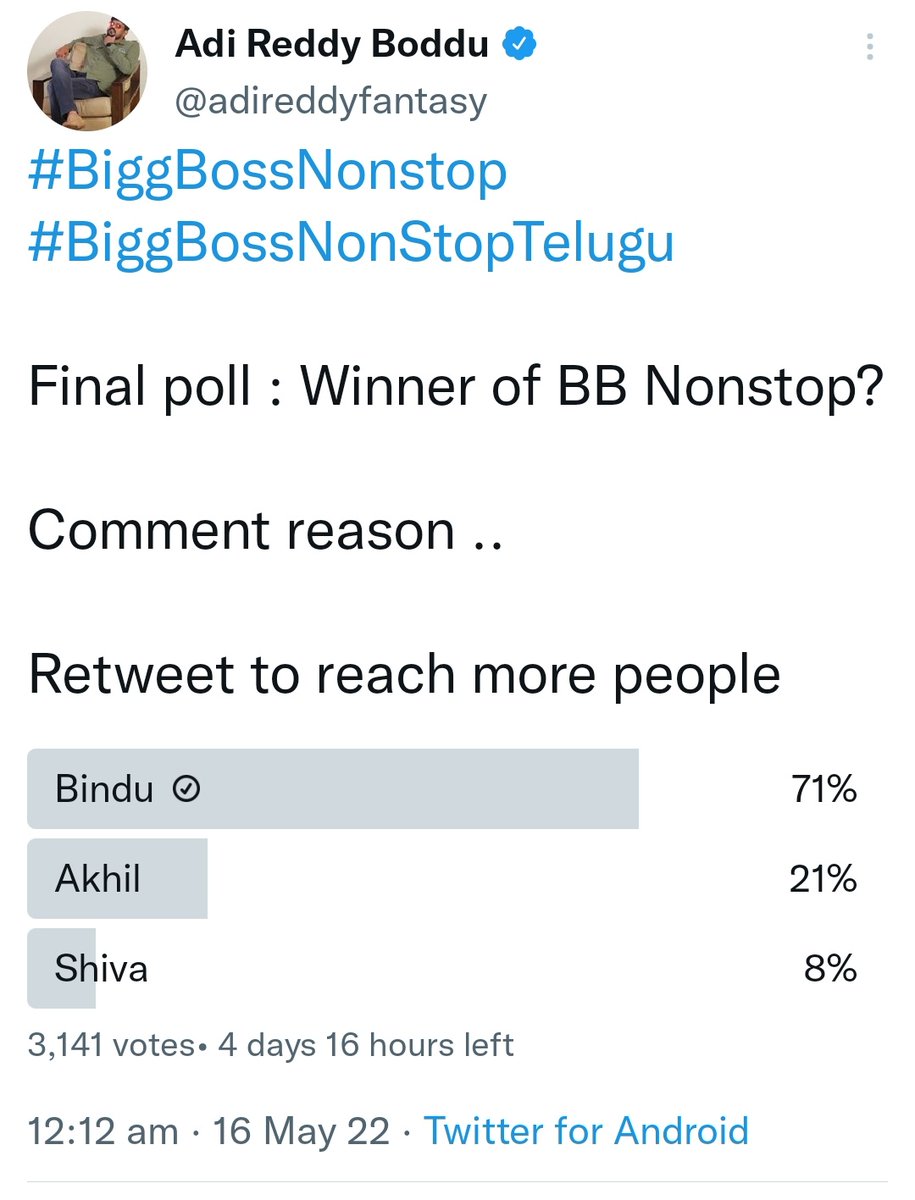 SaiSunilReddy_'s tweet photo. @adireddyfantasy Taking screenshot for proof 
If any bots comes all of sudden 
3k votes polled 
Bindu at 71% 
Akhil at 21%
Shiva at 8%

If any drastic changes comes in one or 2 hours then its definitely bcoz of group sharing or bots from akhil fans https://t.co/6s84lUJmY5