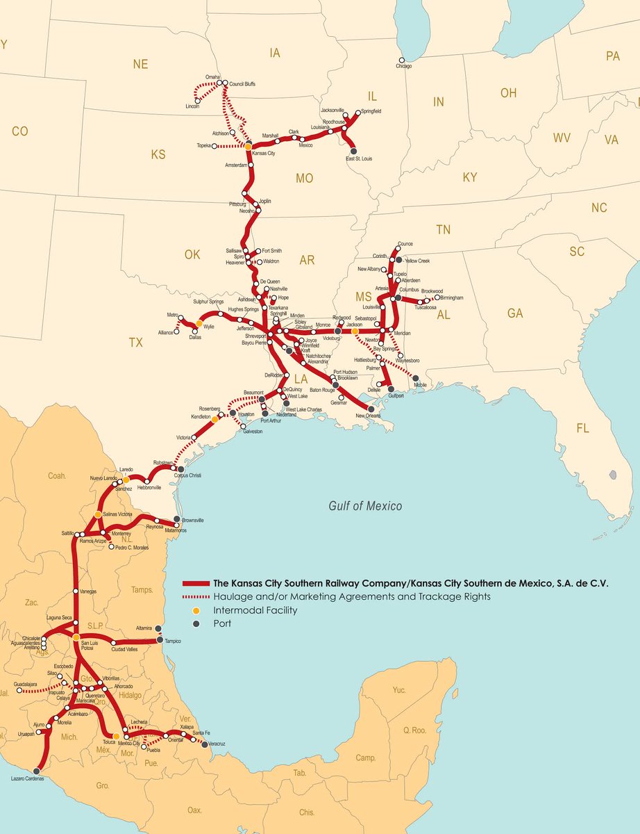 JimbauxsJournal's tweet photo. This is a map of the Kansas City Southern Railway as it exists today.

Via acquisitions, it has more than doubled in size in the last 30 years. https://t.co/En4nHNL8OE