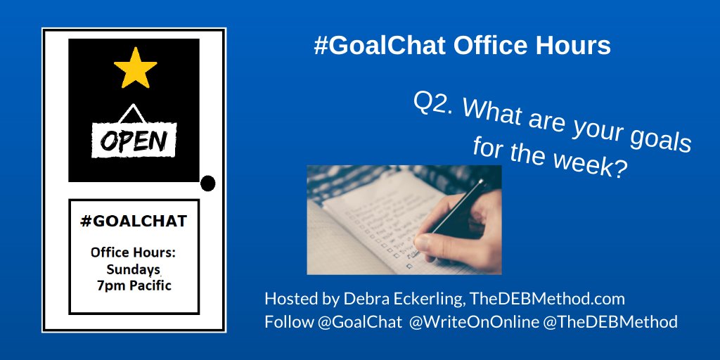 TheDEBMethod's tweet photo. Q2. What are your goals for the week? @WriteOnOnline @GoalChat #GoalChat https://t.co/QBwumdMbcr