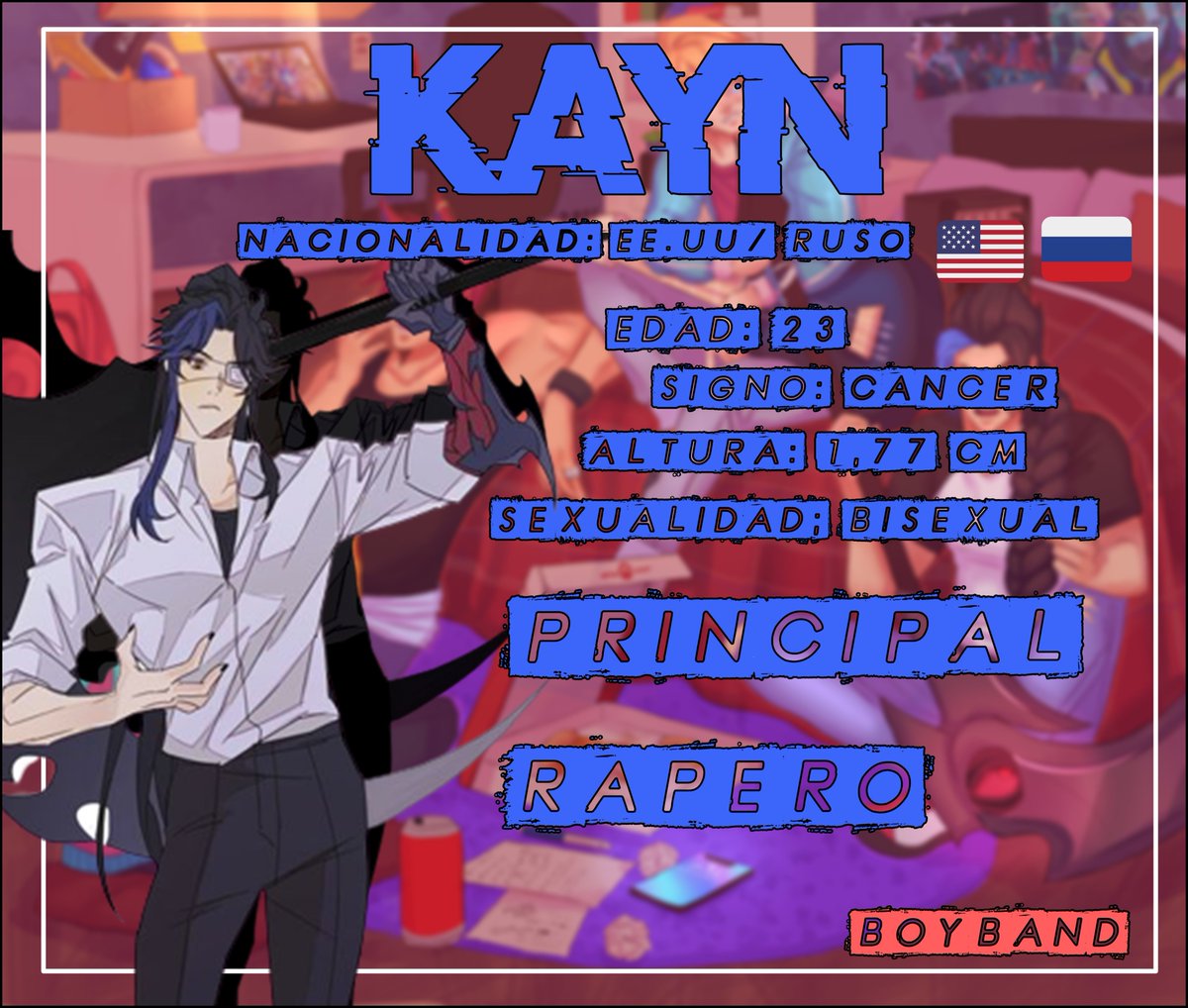LadyVarus's tweet photo. HC de la boyband 
Arte de : Mangi bango
Kayn: qwertyasdfg12_3
Aphelios : Desconocido Pinterest

#Kayn #Sett #Aphelios #Ezreal https://t.co/GjefK9nAUu