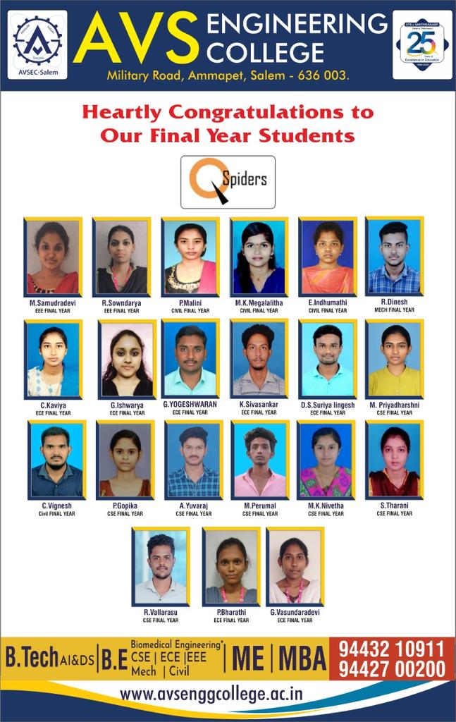 AvsSamuvel's tweet photo. *AVS ENGINEERING COLLEGE*

Hearty Congratulations to Our Final Year Students 

QSpiders

#Topengineeringcollege #Top99thcollege
#Qspiders
#Bestcollege 
#Strongplacement 
#highestplacementrecord
#avsec  #studyatavsec
#Studyengineering
#counsellingcode2636 https://t.co/h5MWeoRBvk