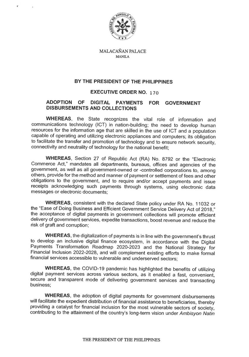 manilabulletin's tweet photo. JUST IN: Malacañang issues Executive Order No. 170, ordering government offices to adopt digital payments for disbursements and collections. [1/2] | via @argyllcyrus_MB https://t.co/BPSgvKDIOP