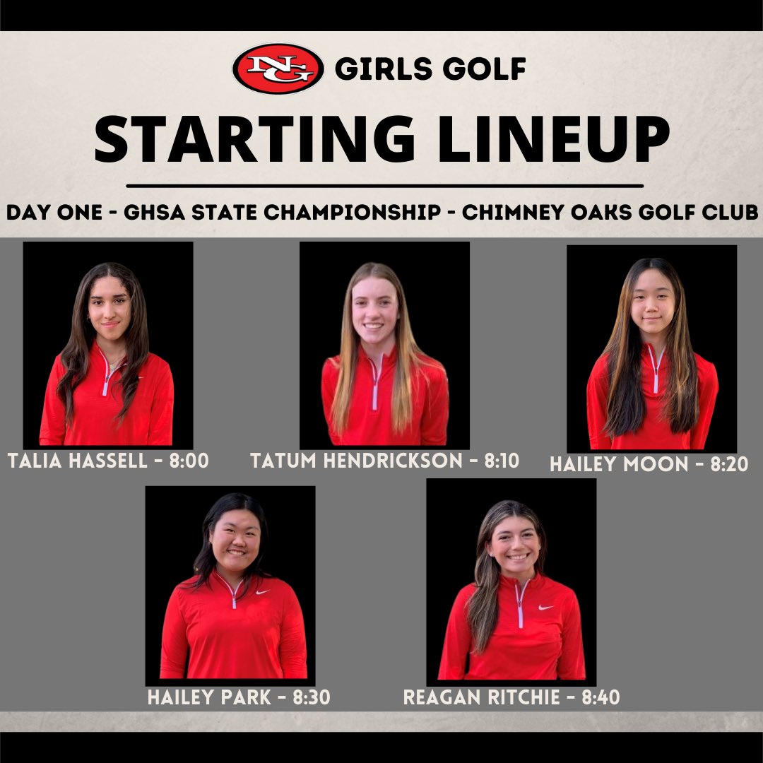 NGHSGolf's tweet photo. Prep work and practice rounds all complete - now it’s time to go out and play. Day ☝️ lineup/tee times for the GHSA State Tournament! @OfficialGHSA @NGHSAthletics #DAWGS ⛳️🏌️‍♀️🐾☀️ https://t.co/9kugtGOiC9