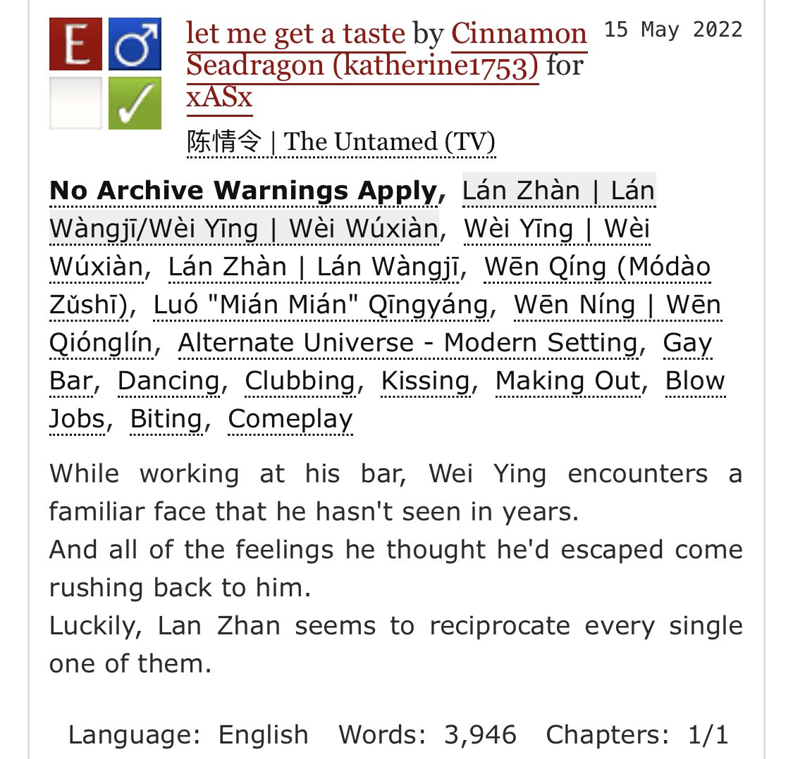 let me get a taste 

one more pinch hit for the <a href="/MdzsMixtape/">MDZS Mixtape Exchange</a> 😊 
for oblivious-wwx 
based on the song Mamma Mia by Måneskin

🎵 wangxian 
🎵 3.9k, E
🎵 modern AU, bars, reuniting
🎵 smut

archiveofourown.org/works/39019566