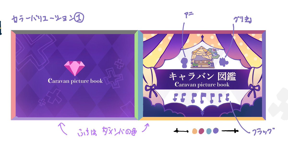 DAMEFES's tweet photo. #キャラバン図鑑ラフ画
#キャラバン図鑑

皆さんもうお手に取りましたか？
キャラバン図鑑のラフが随時公開OKになりましたので！！もうどんどん公開しちゃいます！！！
実は初期設定はシックというよりは華やかな表紙でした、若干サーカス🎪みがある表紙ですね☺️ https://t.co/PoRrlScR5y