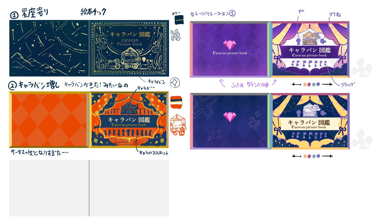 DAMEFES's tweet photo. #キャラバン図鑑ラフ画
#キャラバン図鑑

皆さんもうお手に取りましたか？
キャラバン図鑑のラフが随時公開OKになりましたので！！もうどんどん公開しちゃいます！！！
実は初期設定はシックというよりは華やかな表紙でした、若干サーカス🎪みがある表紙ですね☺️ https://t.co/PoRrlScR5y