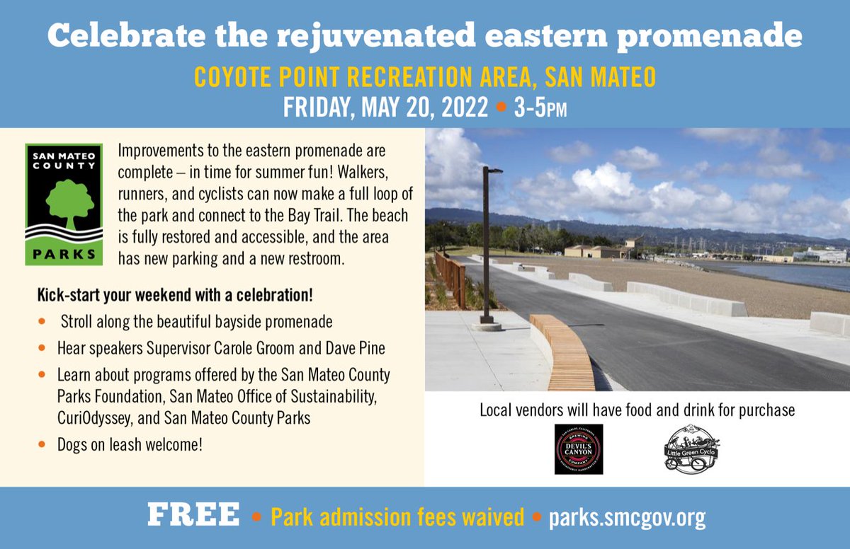 SMCParks's tweet photo. The beach 🏖️ is back at Coyote Point Rec. Area & we're celebrating Fri. 5/20 at 3 pm! Join Sups Groom & Pine, stroll the promenade, dip your toes in the water, enjoy food @Lilgreencyclo & drink @Devilscanyon
@smcpfoundation @sanmateoco @CaroleSanMateo2 @SupDavePine @SustainSMC https://t.co/RGLBGKc7gN