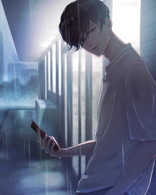 雨の中コンビニ前で#創作男子 #illustration 