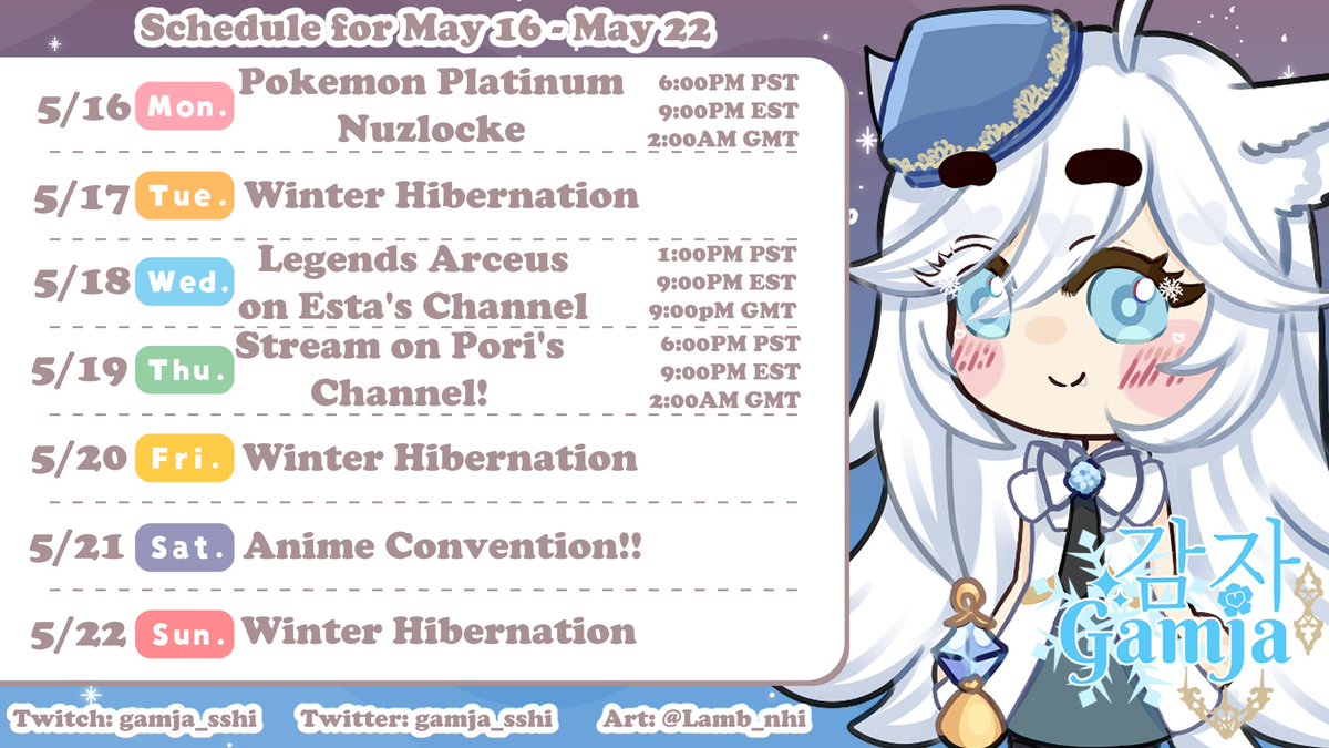 achefloww's tweet photo. ❄️SCHEDULE FOR MAY 16 - 22❄️

doing some travelling to attend an anime convention later in the week. won't be able to stream a lot, but i'll be on my friends' channels!!!

Live: #GamjaLIVE
Art: #DrawGamja

#ENVtuber #Vtuber #VTuberUprising https://t.co/2Au29kZAf9