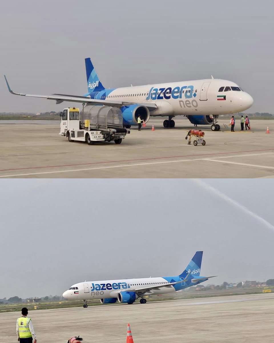 NepalAviation's tweet photo. @JazeeraAirways flight J9545, KWI-BHA (Kuwait City- Bhairahawa) with an Airbus A320 Neo became the inaugural international passenger flight into the new Gautam Buddha International Airport. Photo Courtesy- Daman Basnet/Sanjay Bajimaya #jazeerairways #gbia #A320 #aviationnepal https://t.co/s0GhqNA9MR
