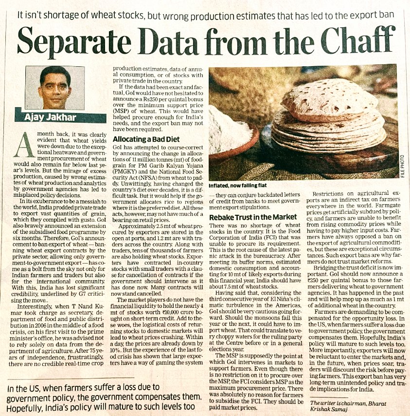 Ajayvirjakhar's tweet photo. In @EconomicTimes - my article

"No shortage of wheat stocks in the country, it's @FCI_India which was unable to procure its requirement which is the root cause of the panic attack in the bureaucracy"

How did India reach the point of banning wheat exports https://t.co/m3bHKIEcWh https://t.co/f50POhhp6k