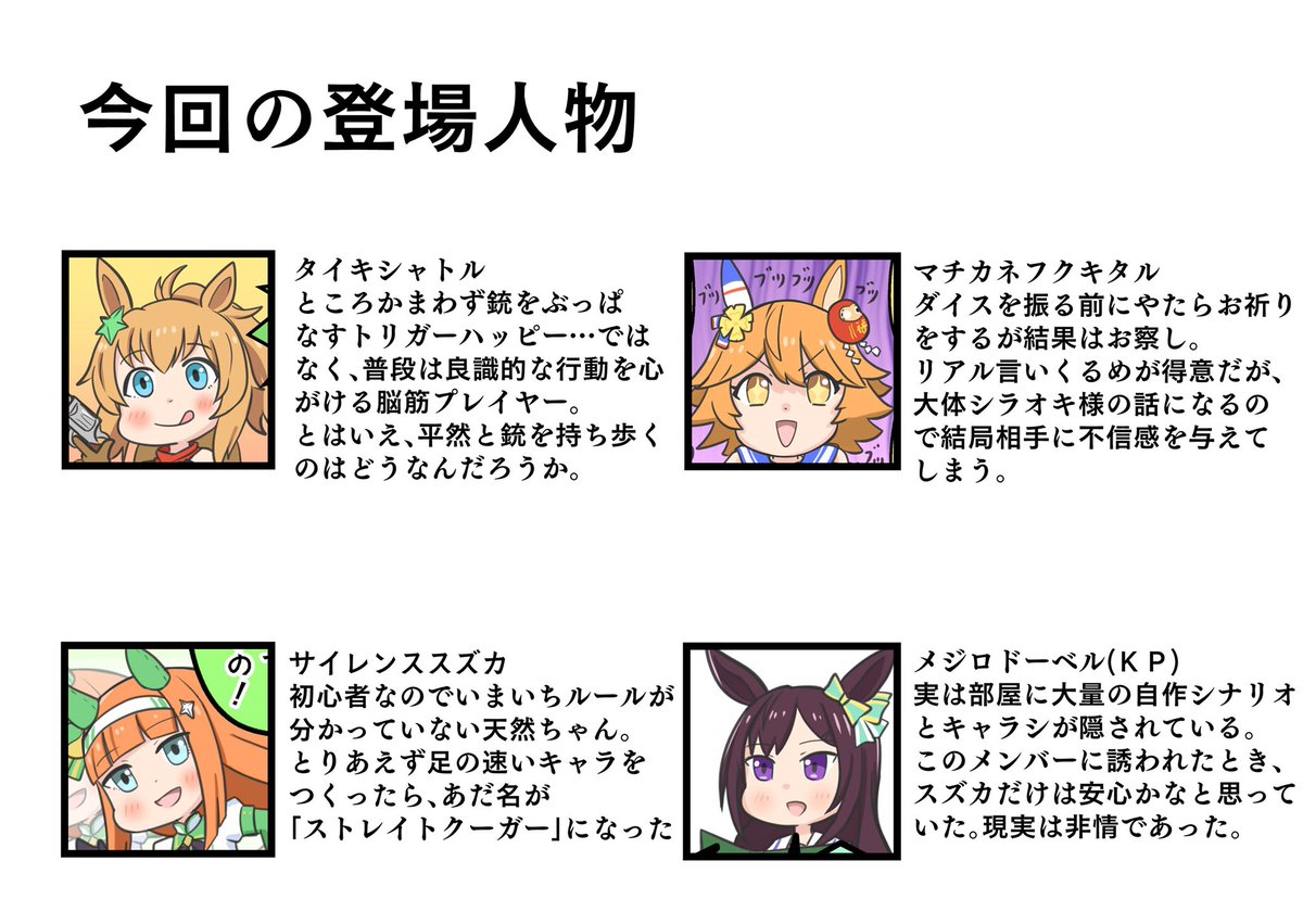 今回の登場人物

#ウマ娘 #タイキシャトル #マチカネフクキタル #サイレンススズカ #メジロドーベル 