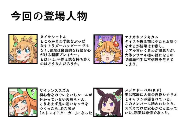 今回の登場人物

#ウマ娘 #タイキシャトル #マチカネフクキタル #サイレンススズカ #メジロドーベル 