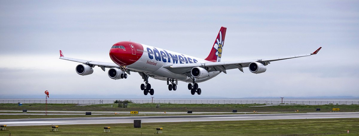 Kent_YVR's tweet photo. Bring on the quads! 😎 Another one returned @yvrairport today, Edelweiss Airbus #A340 👏 #avgeek #Vancouver #HBJME https://t.co/kPgae85ES4
