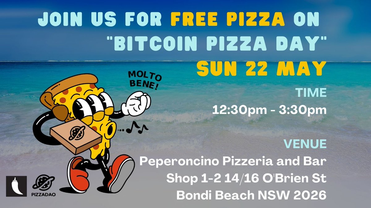 <a href="/RarePizzas/">Rare Pizzas NFT 🍕🤌</a> was founded by <a href="/Pizza_DAO/">PizzaDAO 🍕🏴‍☠️</a> a global community of artists, creators, &amp; pizza lovers who believe that pizza shud b free.🤌🍕🏴‍☠️🌈

On Sunday 22nd MAY we're celebrating "Bitcoin Pizza Day at Bondi 😍🍕

Join us for "FREE PIZZA" at <a href="/peperoncino_syd/">Peperoncino Pizzeria and Bar</a> 

#FreePizza #Bondi #NFT