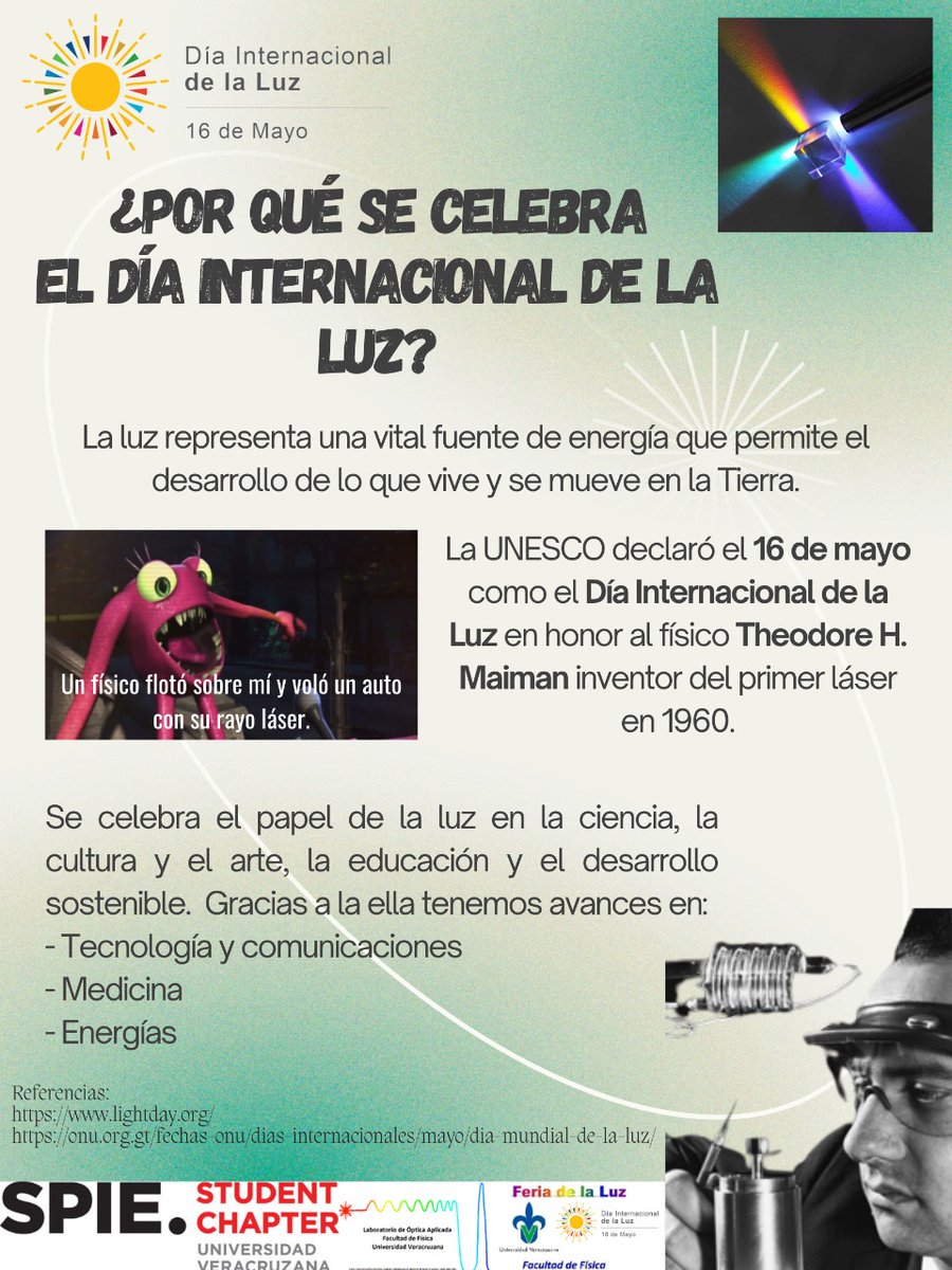 de_optica's tweet photo. Celebrando el Día Internacional de la Luz (IDL) 2022. *Se agradece al grupo del SPIE-UV. https://t.co/XBwqkPXGvJ