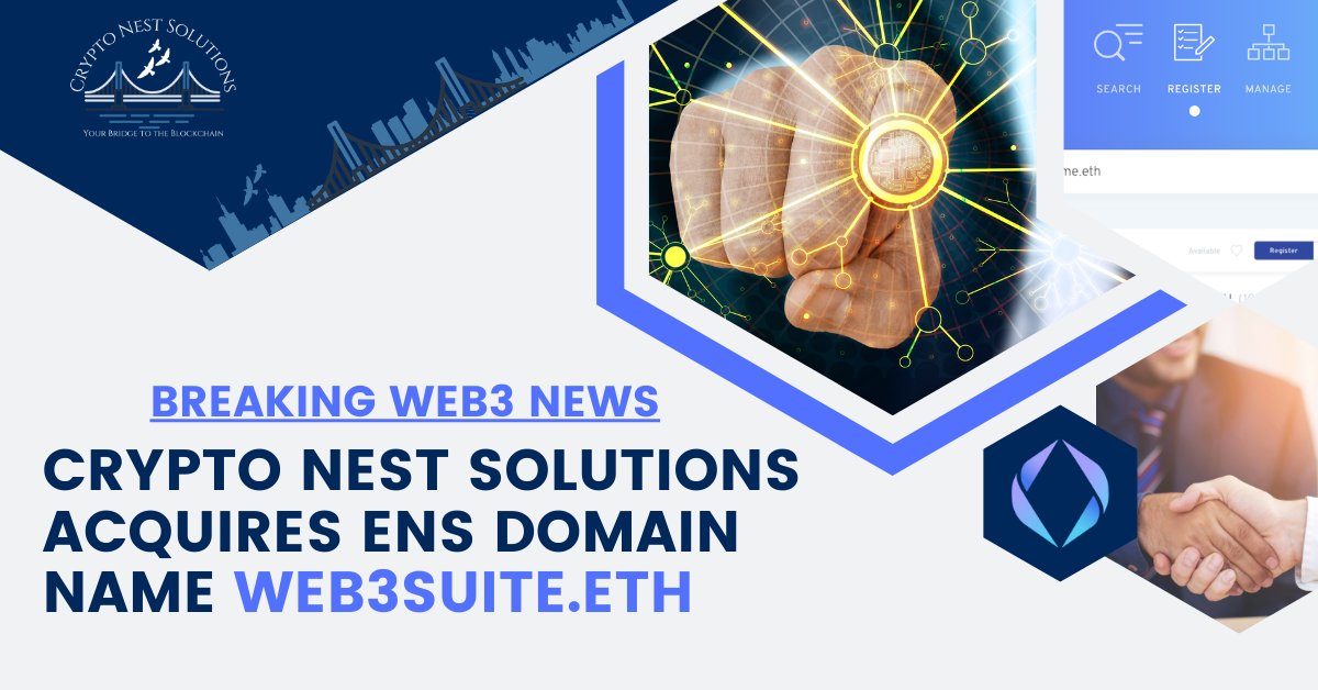 #breakingnews <a href="/CNSweb3/">Crypto Nest Solutions</a> has acquired the domain name 🚨➡️web3suite.eth⬅️🚨

#web3 #web3community #ens #web3suite #Domains

<a href="/ensecosystem/">ecosystem.ens.eth</a> <a href="/ensdomains/">ens.eth</a> @wolfofens <a href="/EnsSales/">ENS Sales Bot</a> <a href="/ENS_collector/">alfa.eth | malt.eth</a> <a href="/ENSMarketplace/">ENS Marketplace</a> @ENSExpirations @ENSExpirations <a href="/enstools/">ENS.Tools | ENSTools.eth</a> <a href="/futurealisha/">alisha.eth</a>