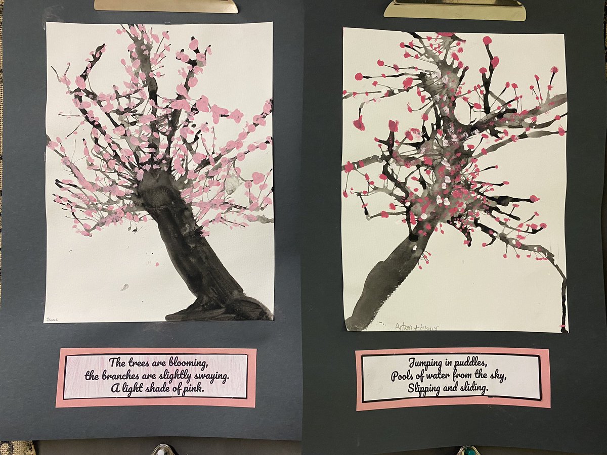 GoodShepherdECS's tweet photo. Students in Mr. St. Arnaud’s grade five class have been embracing the arrival of spring with the creation of blow art paintings of cherry trees in bloom. They then used their wonderful pieces of art to inspire the writing of haiku poems with a theme of spring. #ECSDfaithinspires https://t.co/QXKozZCWlf