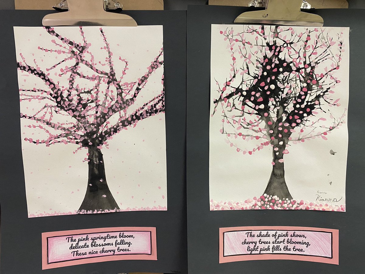 GoodShepherdECS's tweet photo. Students in Mr. St. Arnaud’s grade five class have been embracing the arrival of spring with the creation of blow art paintings of cherry trees in bloom. They then used their wonderful pieces of art to inspire the writing of haiku poems with a theme of spring. #ECSDfaithinspires https://t.co/QXKozZCWlf
