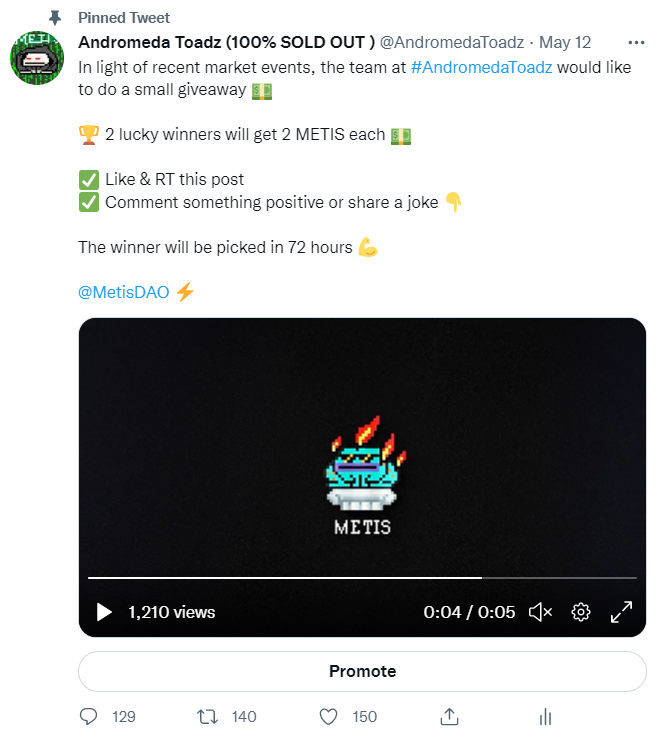 AndromedaToadz's tweet image. Here are the 2 winners of the giveaway 💵

@Waddilove10 I @ClickDXY ⚡️

Thank you to everyone who joined &amp;amp; made this one of the best giveaways/threads ever on @MetisDAO 📈

The numbers, comments &amp;amp; positivity speaks for themselves 💪 

#AndromedaToadz got the best community ✅