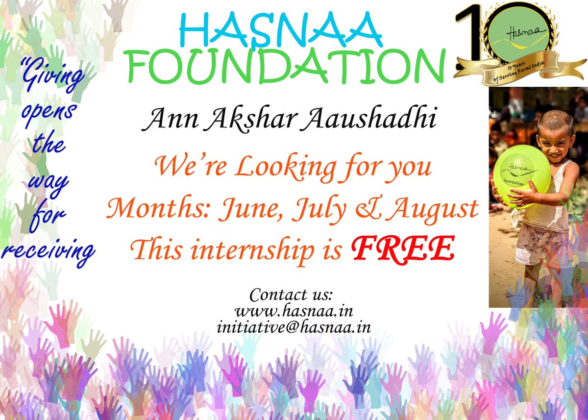 HasnaaNGO's tweet photo. Inviting applications for Summer Internship HASNAA Foundation!
📌 Explore urban &amp; rural realities 📌 Learn to drive social change
📌 Support rural communities
👉 Age grp- 13+
👉 CSR supporting companies &amp; Individual can partner
💥Last date 21st May'22 
☑️ initiative@hasnaa.in https://t.co/J5RY3gDAss
