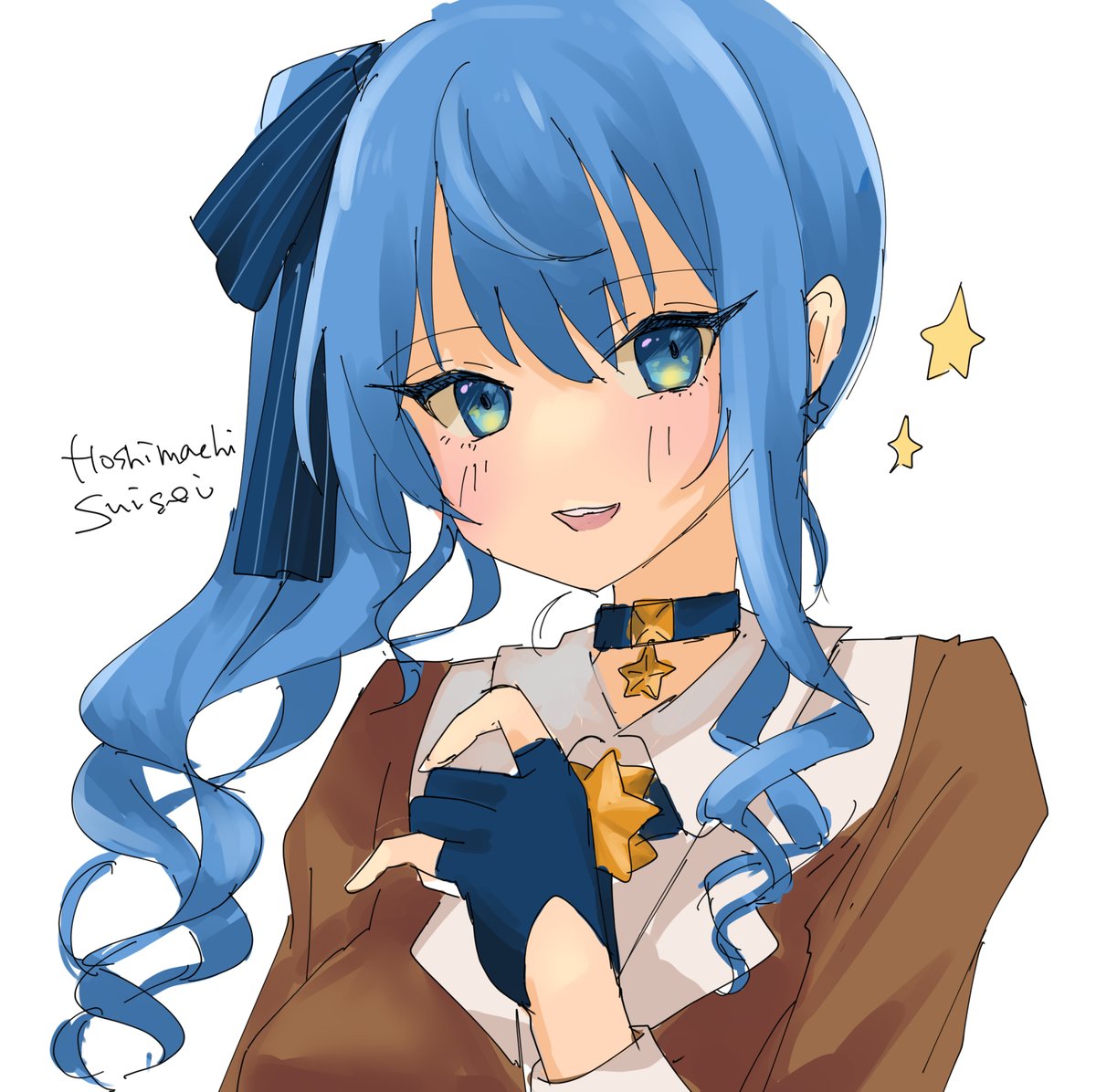 hoshimachi suisei 1girl solo blue hair blue eyes side ponytail gloves star (symbol)  illustration images