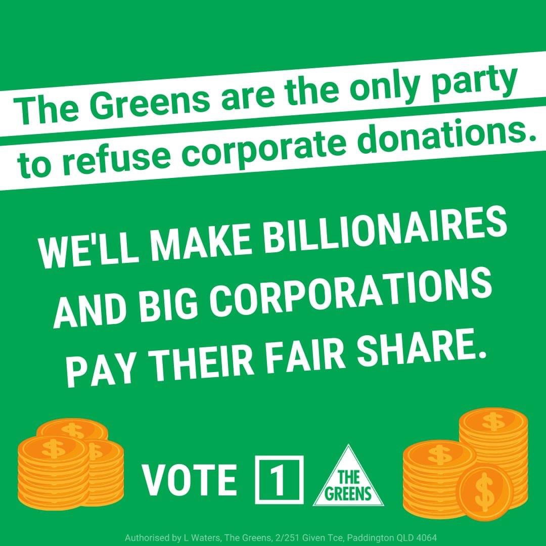 VandijkFor's tweet photo. Right now, 1 in 3 corporations pay no tax. Billionaires, like Gina Reinhart and Clive Palmer more than doubled their wealth these last years. 

This election day you can help make things fairer! Sign up to volunteer with the Greens on 21 May, it’s fun! https://t.co/DM7BtWwk33 https://t.co/j7keWNRi9m