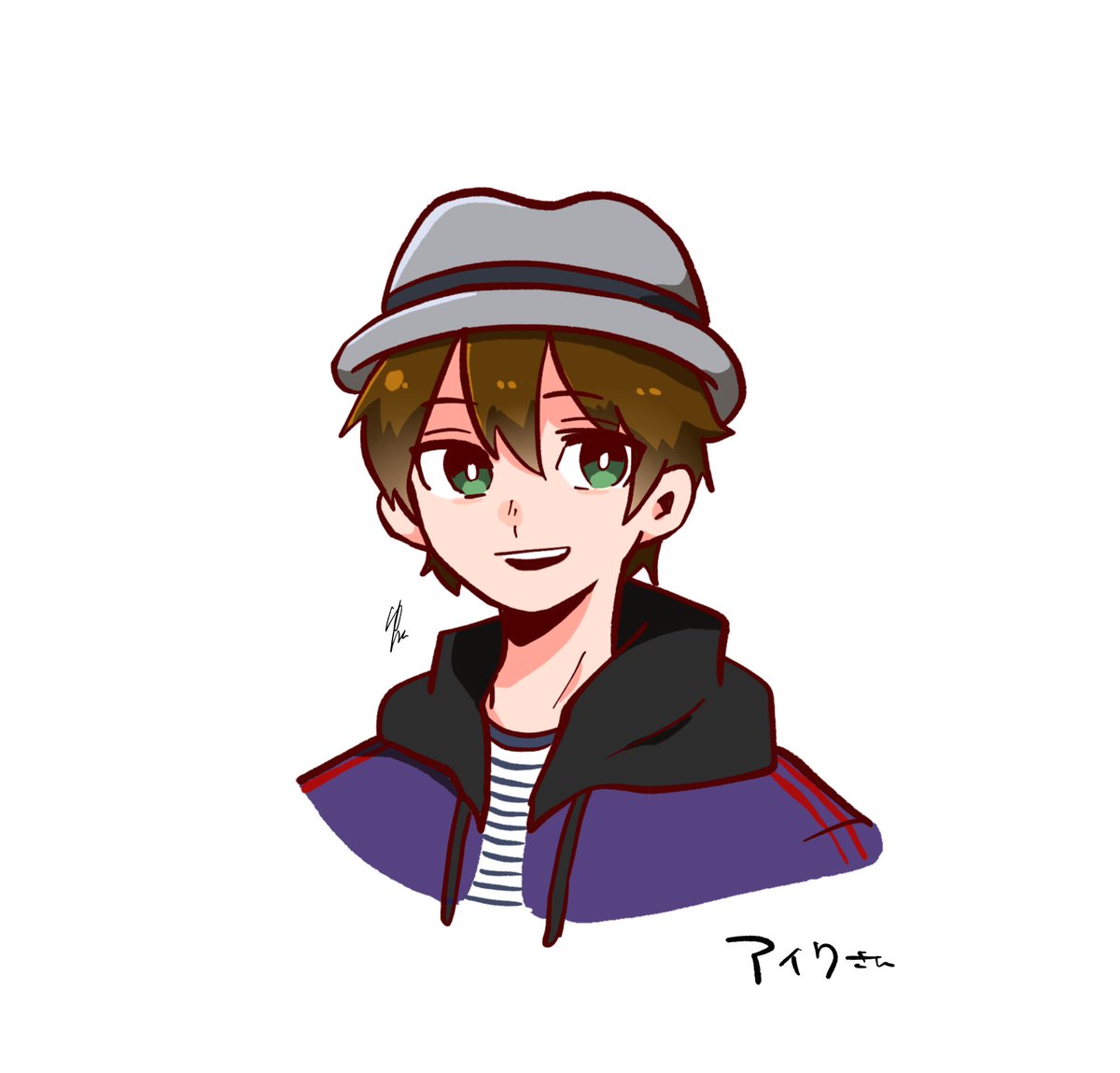 1boy male focus solo hat green eyes brown hair striped shirt  illustration images