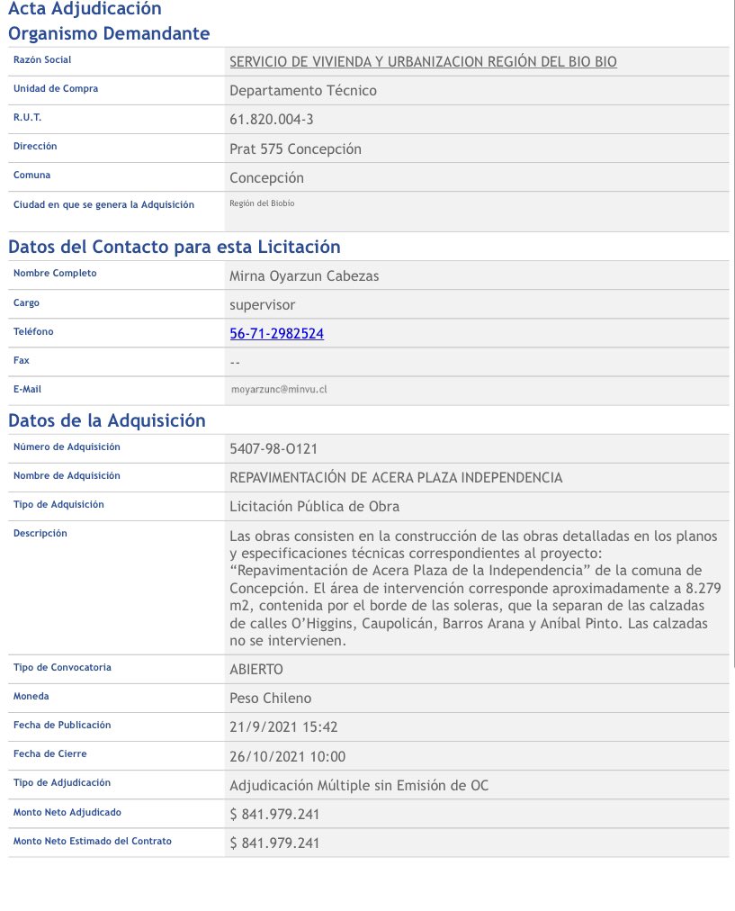 nick11059's tweet photo. Obra 15 #RallyDatosCL 
Nombre: REPAVIMENTACIÓN DE ACERA PLAZA INDEPENDENCIA
ID: 5407-98-O121
Contrata: SERVIU Bio Bio
Monto: 💸$ 841.979.241
Fecha Inicio ejecución 5/01/2022
Fecha Término ejecución 5/01/2022 https://t.co/UGWygZiZT3