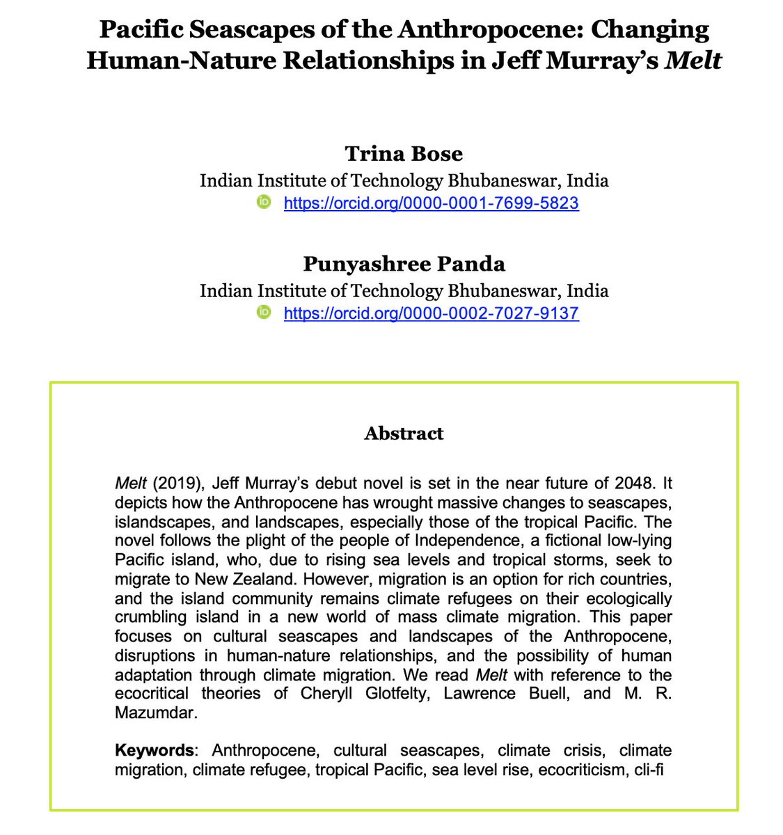 eTropicJournal's tweet photo. Read Trina Bose & Punyashree Panda's #ecocritical reading of #JeffMurray's #clifi #novel 'Melt'.
#Anthropocene #seascapes #islands #landscapes #PacificIslands #sealevelrise #tropicalstorms #NewZealand #climatecrisis #humanities #ecocriticism
Free #OA> https://t.co/e9GgJ9reeo https://t.co/Imyc8zHNyP