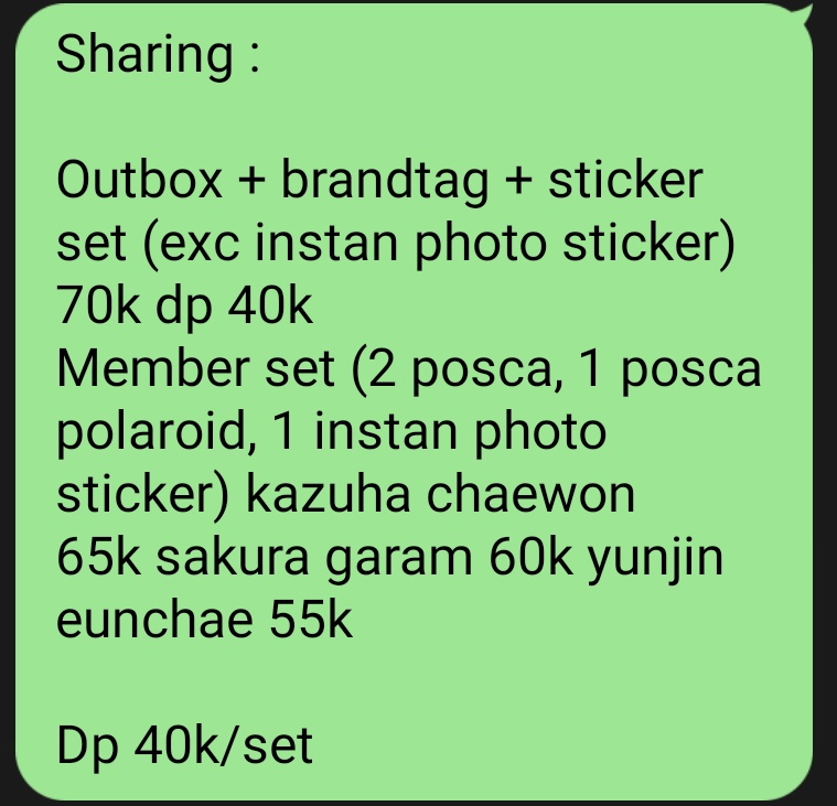 lesserafess's tweet photo. Fimsell! Syering the first moment in your hand lesserafim. h@rga BERSlH ina, bisa satuan tapi jika tidak full, kazuha chaewon wajib pair depe 40K/set memb.

Kazuha 65k ✅✅
Chaewon 65k ✅✅
Sakura ❌❌
Garam ✅✅
Yunjin ✅✅
Eunchae ✅✅

@wonwoomiroku https://t.co/kOsiEnYYY8
