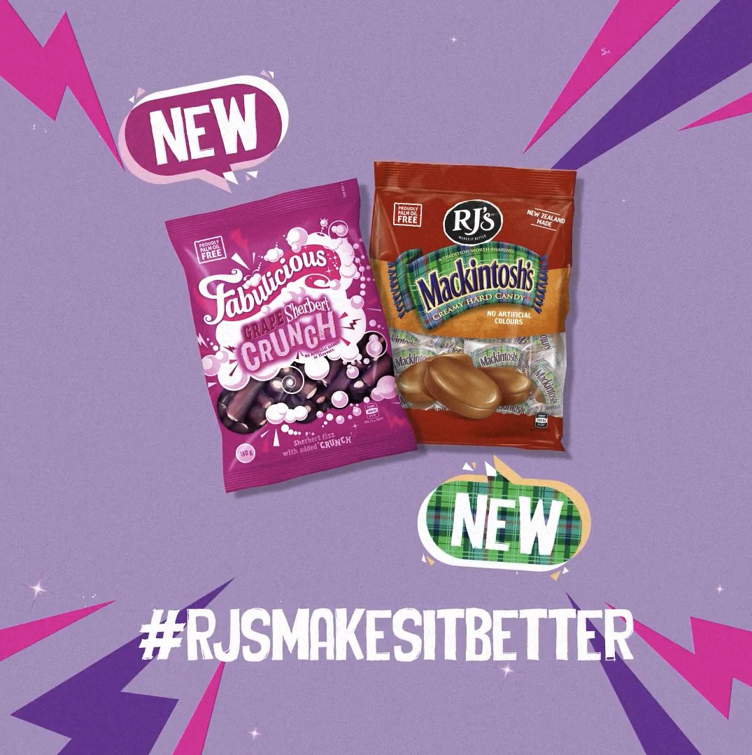 rjsnewzealand's tweet photo. We'd like you to meet the two new additions to the RJ's Family - Mackintosh's Hard Cream Candy and Fabulicious Grape Crunch!

Available now at all leading supermarkets and convenience stores.

Give them a taste and let us know what you think!

#RJsMakesitBetter #NewFromRJs https://t.co/rRmcM0KCtf