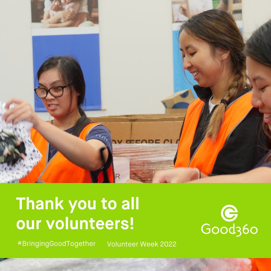 good360au's tweet photo. Today marks the beginning of National Volunteer Week!

This year’s theme is Better Together. It is a chance for us to recognise the work of volunteers across Australia, especially at Good360 where they have played an important role in #BringingGoodTogether.

#VolunteerWeek2022 https://t.co/Pnses4fFuu