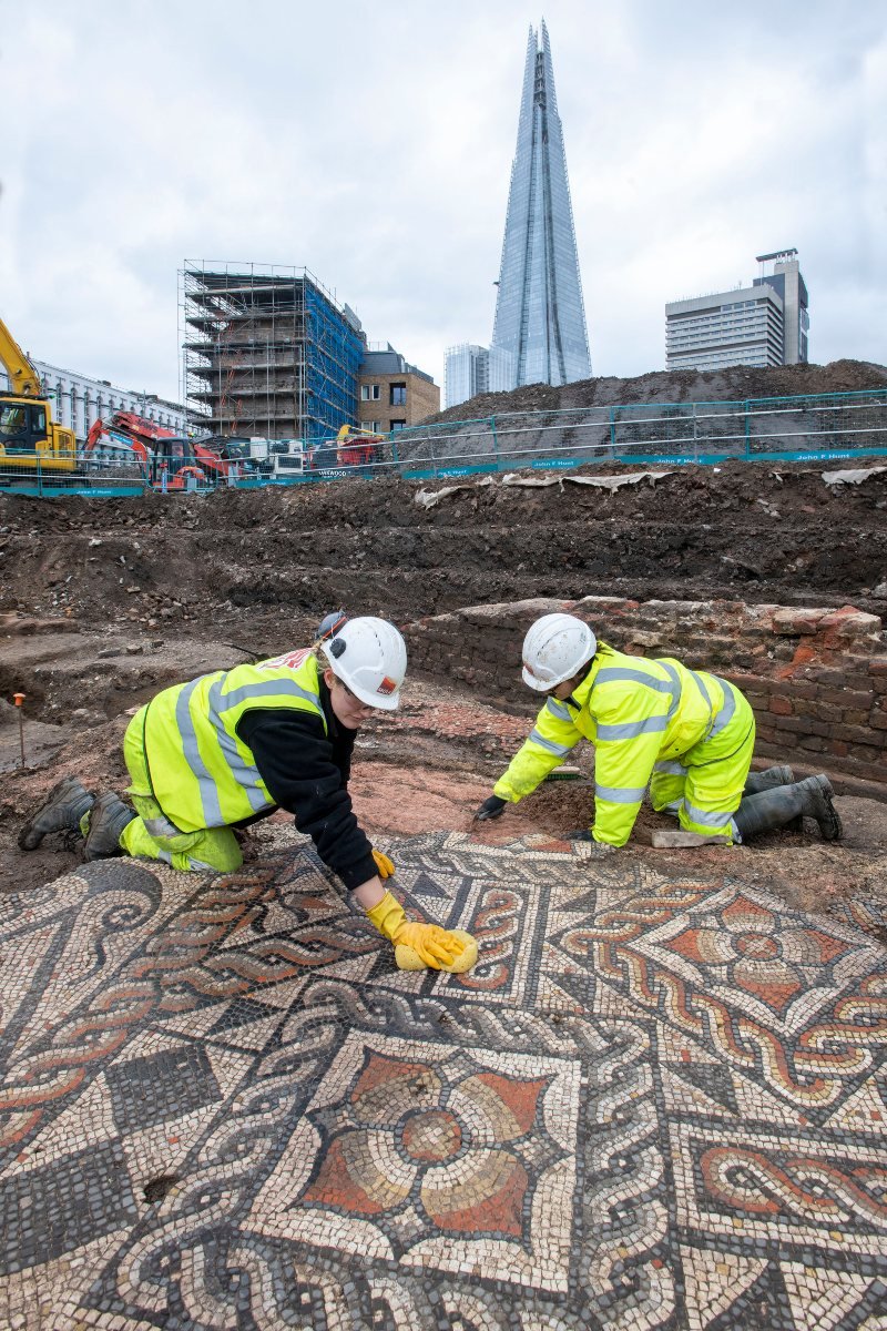 Knowledgepoint's tweet image. Archaeologists working on a site in Southwark Street have uncovered the largest area of Roman mosaic to be discovered in London for half a century. The mosaic floor is thought to date from AD 175-225 and archaeologists believe it formed part of a dining room.