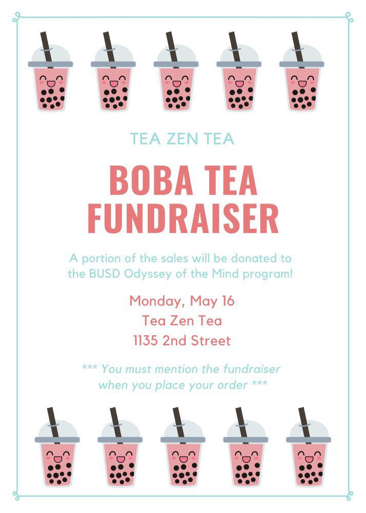 Local friends, please visit Tea Zen Tea on Monday 5/16 to help support our Odyssey of the Mind #fundraiser ! 🧋#BUSD