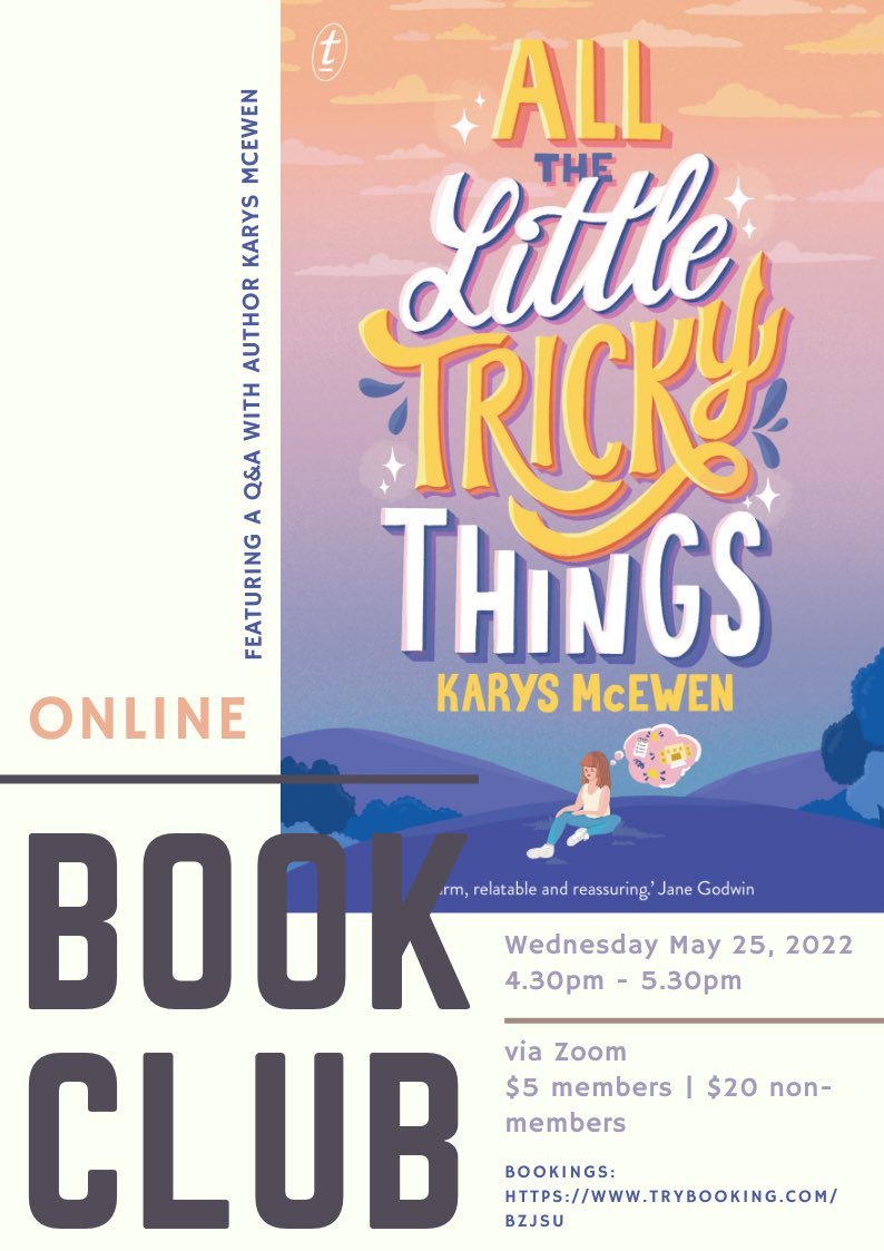 karyswrites's tweet photo. I’m speaking at this online book club next week! Everyone welcome. If you’re a CBCA member (across Australia) it’s only $5! $20 for non-members 💫💫💫
Book here: https://t.co/ZAcP5M4N1E
#allthelittletrickythings #cbcavic #cbca2022 #onlinebookclub #loveozmg https://t.co/rcRNuXwu6r