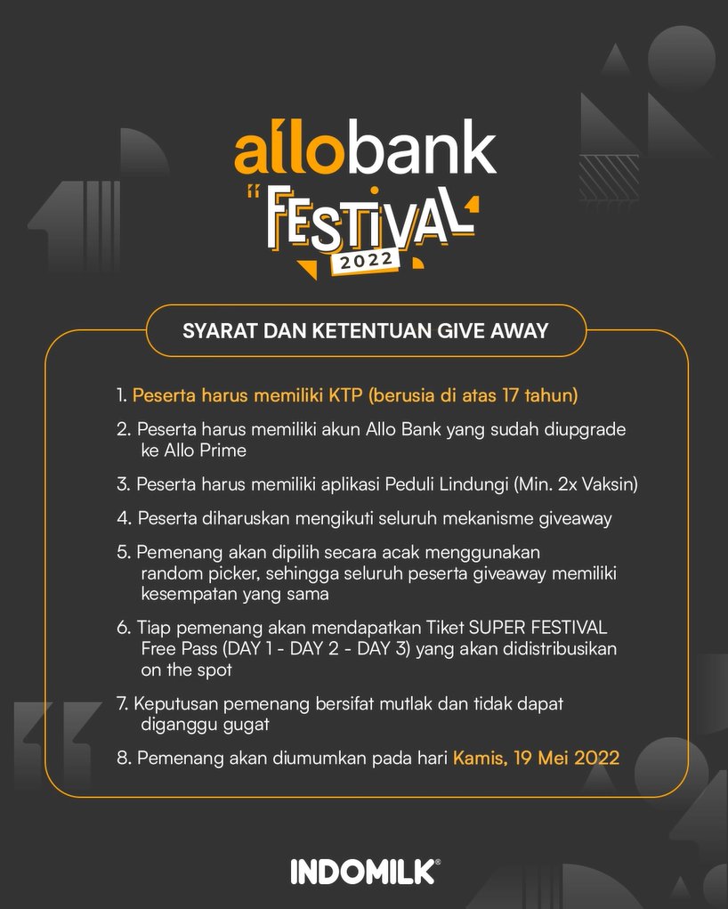K-Chingu, nonton Allobank Festival bareng Indomilk yuk! Mimin mau bagi 15 Tiket SUPER FESTIVAL Main Stage All Day Pass (Day 1-2-3) gratis nih! 😋

Caranya gampang:
- Share postingan bit.ly/IndomilkGA di IGS
- Ikuti mekanisme dan S&amp;K di gambar

Reply buktinya di bawah ini 👇