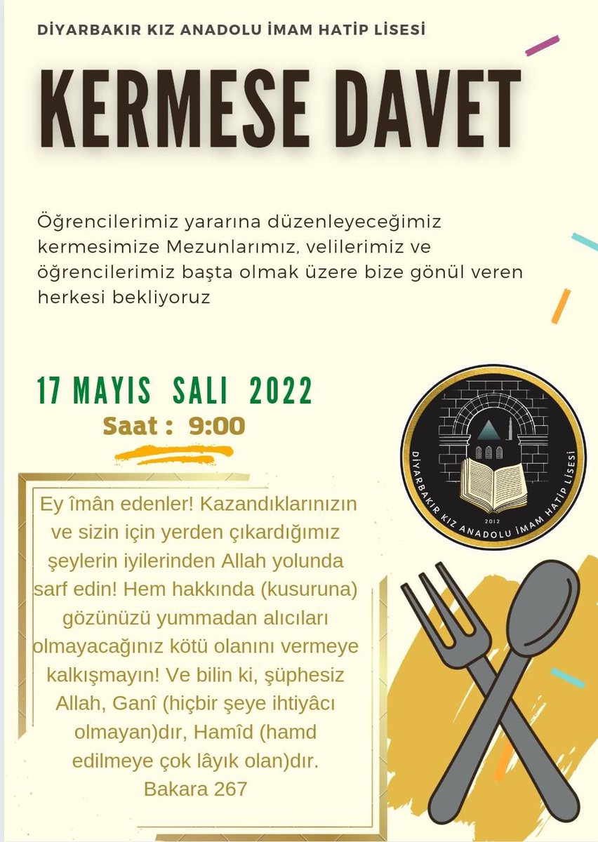 Öğrencilerimiz yararına düzenleyeceğimiz kermesimize bize gönül veren herkesi bekleriz. <a href="/tcmeb/">Millî Eğitim Bakanlığı</a> <a href="/yilmaznazif/">Nazif Yılmaz</a> <a href="/meb_dinogretimi/">MEB Din Öğretimi Genel Müdürlüğü</a> <a href="/mehmetnezirg/">mehmet nezir gül</a> <a href="/dbakirvalilik/">T.C. Diyarbakır Valiliği</a> <a href="/munirkaraloglu/">Münir Karaloğlu</a> <a href="/Diyarbakirmem/">Diyarbakır İl Millî Eğitim Müdürlüğü</a> <a href="/Murat4Kucukali/">Murat Küçükali</a> <a href="/BaglarMEM21/">Bağlar İlçe Milli Eğitim Müdürlüğü</a> <a href="/Mehmet_Bulut21/">Mehmet BULUT</a>
