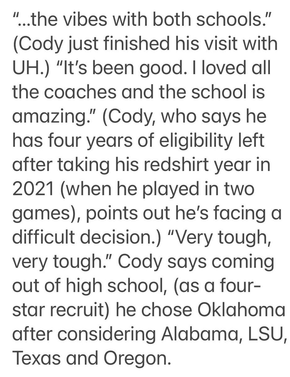 MarkBerman_'s tweet photo. .@OU_Football WR @THECodyJackson6, from Foster High School in Richmond, who’s in the Transfer Portal, says he’s considering @UHCougarFB and @USC_FB and will make his decision “in about a week or less. I feel like (the process) has been smooth. Everybody’s been amazing. I love..” https://t.co/EHRToz4tHu