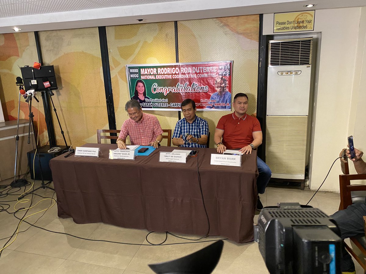 romeltv5's tweet photo. MRRD NECC nanawagang italaga si presumptive Vice President Sarah Duterte-Carpio sa Department of Defense bilang kalihim mas-akma din daw ito kay Mayor Sarah. Nais din nilang maitalaga sa kabinete ang ilang nakatungali ni BBM. @onenewsph @News5PH #BilangPilipino2022 https://t.co/CWUhP76BDx
