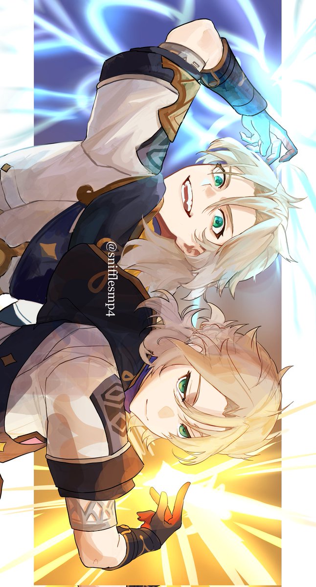 albedo (genshin impact) gloves male focus multiple boys 2boys clone blonde hair hood  illustration images