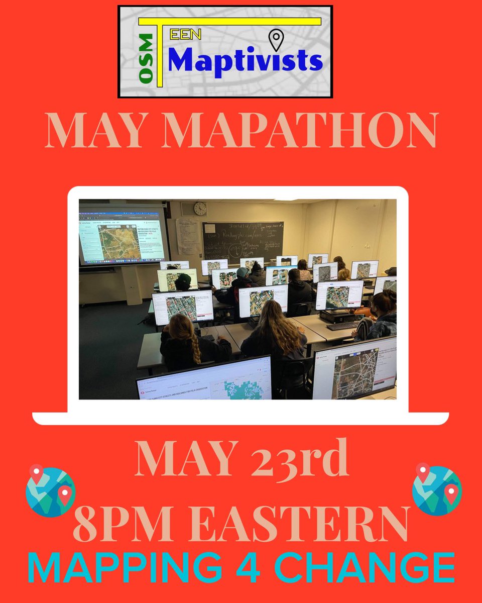 High School Students! Grab a pizza or your favorite snacks and join us for our May #mapathon 
Mapathons are laid back events were we map, socialize, learn and listen to really cool music along the way. Bring two friends! Bring your teachers!Register at our website!