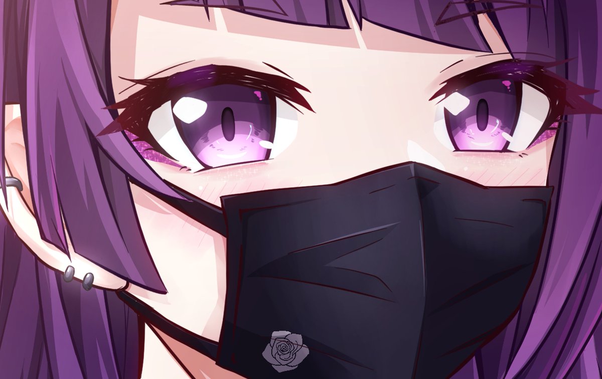 tanaka mamimi 1girl mask bangs diagonal bangs purple eyes purple hair solo  illustration images