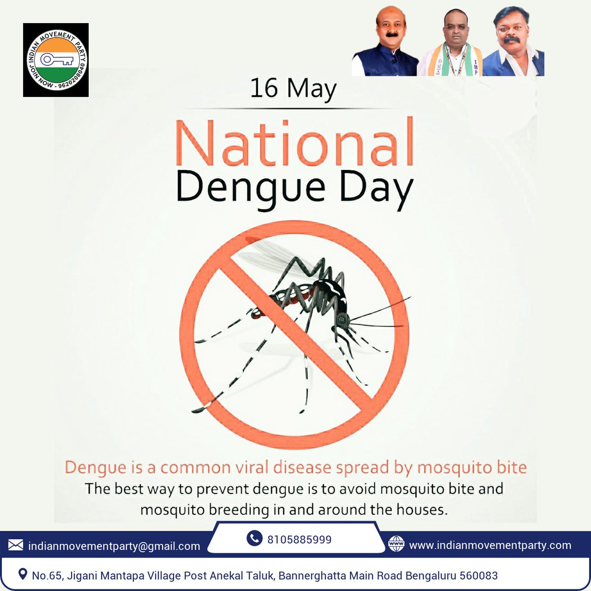 IMParty2023's tweet photo. National Dengue Day is observed on May 16 in India. On this National Dengue Day, We request you all to keep your surroundings clean & protect yourself from mosquito bites. So prevention and control are everyone’s responsibility.
#Indianmovementparty #awareness #dengue #mosquito https://t.co/isu4faoqtP