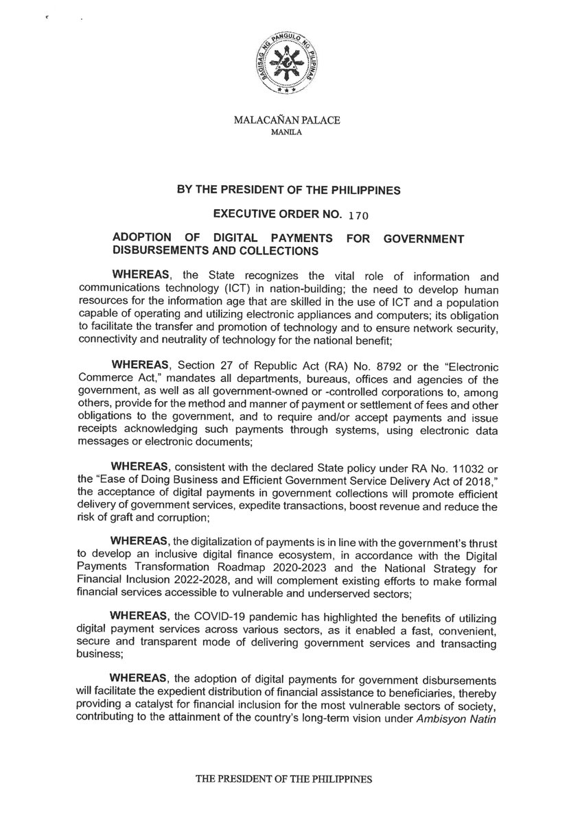 newswatchplusph's tweet image. President Duterte signs an executive order requiring the government to use digital payment methods to release funds and collect dues (1/2) 

Read the story: bit.ly/3wgMizi