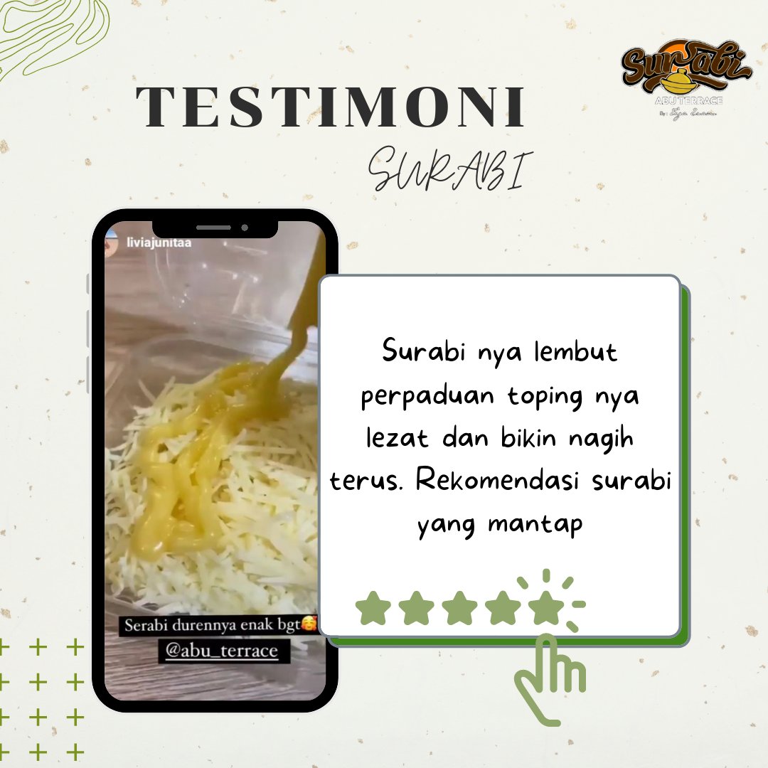 AbuTerrace's tweet photo. “Surabi nya lembut, perpaduan topping nya lezat dan bikin nagih terus. Rekomendasi surabi yang mantap” 

Testimoni dari salah satu Sahabat @abu_terrace yang kasih testimoni bintang ⭐️⭐️⭐️⭐️⭐️ 🤩

Yuk lah gass cobainn! 🙌

#SURABI #abuterrace #kulinerjakarta #MAKINAKRABDITERAS https://t.co/uMnQ7acThU