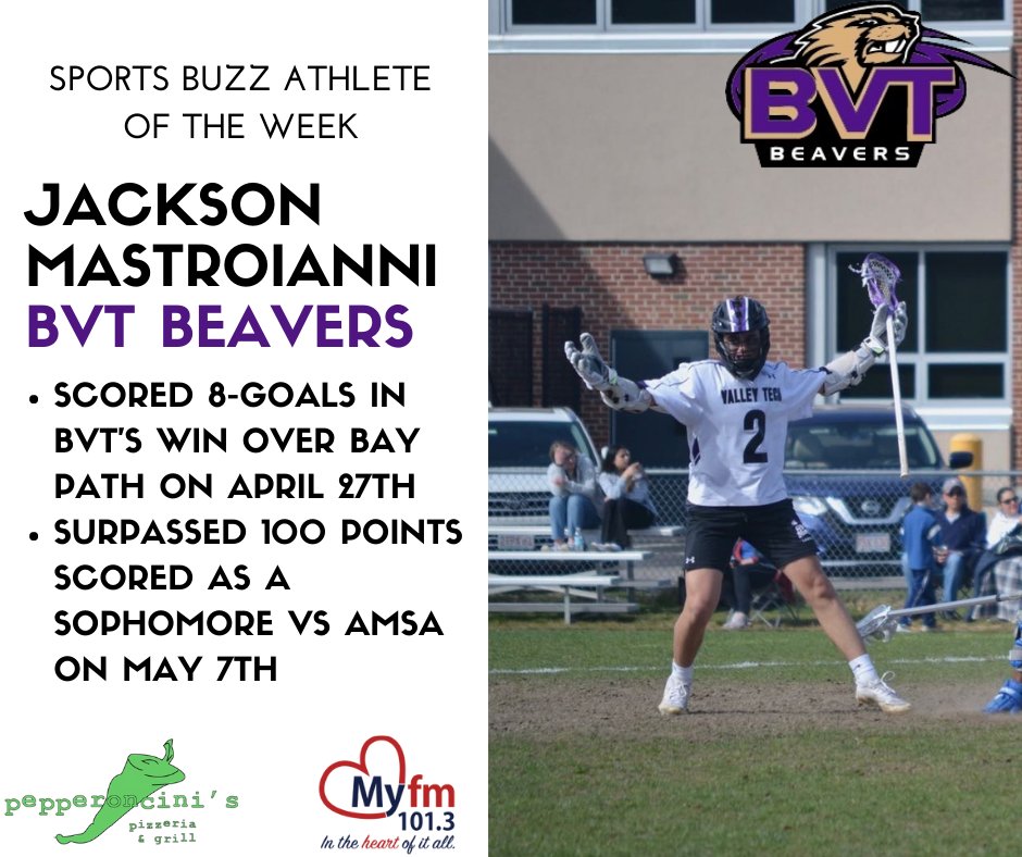 The MyFM Sports Buzz and Pepperoncini's Local Athlete of the Week is <a href="/JacksonMastro1/">Jackson</a> 

<a href="/BVTBeavers/">BVT Athletics</a> <a href="/valleytechlax/">Valley Tech Lax</a> <a href="/PiatelliLax/">Piatelli Lacrosse</a>